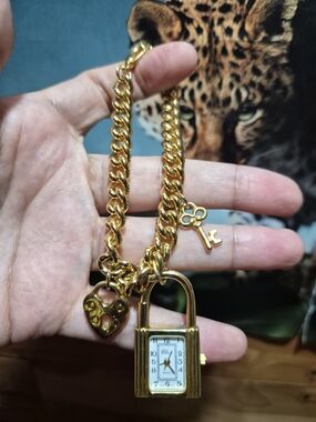 Vintage Gold Padlock  Bag Charm  with Heart & Key